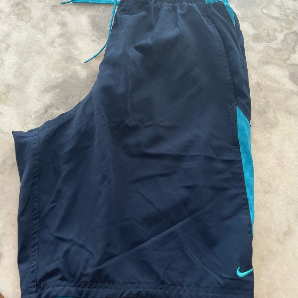 Nike men’s swim trunks size large. Nice condition. Blue/teal with mesh lining.